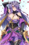 1girl armor armored_dress blush breasts camilla_(alluring_darkness)_(fire_emblem) camilla_(fire_emblem) cleavage detached_collar detached_sleeves doiparuni dress fake_horns fire_emblem fire_emblem_fates fire_emblem_heroes gloves hair_over_one_eye highres horned_headwear horns looking_at_viewer official_alternate_costume pantyhose parted_lips petals purple_gloves purple_hair purple_pantyhose shawl solo thighhighs tiara 