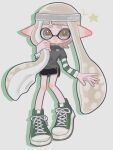  1girl black_shorts brown_eyes brown_hair commentary_request cross-laced_footwear full_body green_footwear grey_hairband grey_shirt hairband highres inkling inkling_girl long_hair mina_p pointy_ears pout shirt shoes short_shorts shorts simple_background solo splatoon_(series) standing star_(symbol) tentacle_hair white_background 