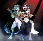 akachi anthro blue_body blue_eyes blue_fur duo fur gatotacato green_markings gun machine male markings protogen ranged_weapon raxis smile vernid weapon