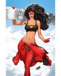  1girl alternate_costume black_hair black_sports_bra blue_sky breasts cleavage david_nakayama gloves highres holding_snowboard jessica_drew long_hair looking_at_viewer marvel mask medium_breasts navel pants pillarboxed red_gloves red_lips red_pants sky snow snowball solo spider-man_(series) spider-woman sports_bra 