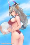  ass ball beachball bikini blue_sky blush breasts closed_mouth cloud commentary day draph english_commentary facebook_username granblue_fantasy grey_hair highres holding holding_ball horns large_breasts long_hair looking_at_viewer red_bikini red_eyes senasky sideboob sky solo standing swimsuit thalatha_(granblue_fantasy) 