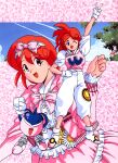  arm_up blue_eyes bow clothes_writing gloves hair_bow hand_on_own_hip highres long_hair looking_at_viewer multiple_views non-web_source official_art one_eye_closed open_mouth pastel_(twinbee) red_hair short_sleeves standing twinbee twinbee_(character) white_gloves 