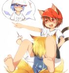  3girls :d alternate_costume animal_ears bare_legs barefoot baseball_cap blonde_hair blue_eyes blue_hair blush brown_hair cat_ears cat_tail chen cirno commentary_request feet flat_chest fox_tail grin hair_between_eyes hat ice ice_wings lolimate looking_to_the_side multiple_girls multiple_tails nekomata no_headwear open_mouth petite pointing red_eyes shirt short_hair short_sleeves shorts simple_background smile soles spoken_character tail teeth toes touhou two_tails upper_teeth_only v-shaped_eyebrows white_background white_shirt wings yakumo_ran 