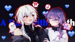  !? 2boys a_date_with_death bare_shoulders black_background black_gloves casper_(a_date_with_death) chibi fang ghost_tail glasses gloves heart highres jacket male_focus medium_hair multiple_boys nijisanji nijisanji_en open_mouth purple_eyes purple_hair red_eyes sakuragihana012 simple_background sleeveless smile spoken_heart sweat sweater uki_violeta white_hair 