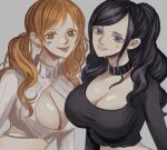  2girls :p black_hair blue_eyes breasts brown_eyes cleavage crop_top facepaint heart huge_breasts long_hair long_sleeves looking_at_viewer midriff multiple_girls nami_(one_piece) nico_robin nsgw one_piece orange_eyes ponytail smile sweater tongue tongue_out twintails 