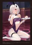  1girl animal_ears breasts fake_animal_ears frills hair_over_eyes highres holding holding_tray looking_at_viewer mignon navel original pantyhose rabbit_ears red_eyes short_hair simple_background sitting small_breasts solo spoon stomach tray utensil_in_mouth white_hair 