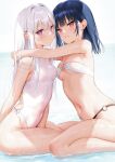  2girls bare_shoulders bikini black_hair breasts highres long_hair looking_at_viewer mignon multiple_girls navel o-ring o-ring_bikini original parted_lips purple_eyes red_eyes shiny_skin simple_background sitting small_breasts stomach swimsuit thigh_strap white_hair 