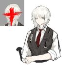  1girl black_vest blue_eyes censored closed_mouth collared_shirt faust_(project_moon) identity_censor limbus_company looking_at_viewer naughty_0b necktie project_moon red_necktie shirt short_hair solo upper_body vest white_hair white_shirt 