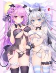  2girls ameto_yuki babydoll black_babydoll black_panties black_thighhighs blue_eyes bow breasts bridal_garter closed_mouth clothing_cutout cowboy_shot demon_girl demon_horns demon_tail flower-shaped_hair frilled_babydoll hair_bow head_wings highres horns large_breasts long_hair looking_at_viewer medium_breasts multiple_girls navel open_mouth original panties pink_eyes pink_hair pubic_tattoo see-through see-through_sleeves side-tie_panties smile standing stomach string_panties striped striped_panties striped_thighhighs tail tattoo thighhighs thighs underboob underboob_cutout underwear very_long_hair white_babydoll white_hair wings wrist_cuffs 