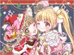  2girls bell black_gloves blonde_hair blush bow brown_eyes candy candy_cane capelet cheek-to-cheek christmas commentary decorations dress drill_hair food fur-trimmed_capelet fur_trim futaba_anzu gloves green_eyes hat hat_bow heads_together highres idolmaster idolmaster_cinderella_girls light_brown_hair long_hair multiple_girls naruse_an one_eye_closed open_mouth pink_dress red_capelet red_dress side_ponytail smile top_hat twin_drills upper_body witch_hat yokoyama_chika 