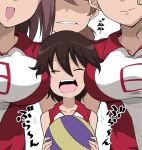  4girls annoyed bad_id bad_twitter_id ball breast_envy breast_smother breasts brown_hair closed_eyes face_to_breasts girl_sandwich girls_und_panzer hair_between_eyes height_difference henyaan_(oreizm) highres holding holding_ball isobe_noriko kawanishi_shinobu kondou_taeko large_breasts multiple_girls open_mouth out_of_frame sandwiched sasaki_akebi short_hair simple_background sportswear volleyball_(object) volleyball_uniform white_background 