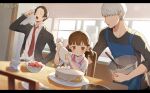  1girl 2boys adachi_tooru apron baking black_hair black_jacket black_shirt blazer blue_apron blush brown_eyes brown_hair cake child closed_eyes doujima_nanako dress eating food formal fruit grey_eyes grey_hair hair_ribbon hand_in_pocket highres icing jacket kitchen letterboxed light_particles long_sleeves looking_at_another milk multiple_boys narukami_yuu necktie open_mouth paper_chain pastry_bag persona persona_4 pink_ribbon red_necktie ribbon shirt short_hair short_twintails strawberry strawberry_shortcake suit twintails whisk white_shirt yoshino_saku 