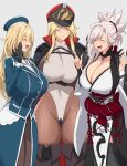  3girls armor arms_under_breasts asymmetrical_hair atago_(kancolle) bare_shoulders beret black_gloves black_thighhighs blonde_hair bodysuit boots breasts brown_footwear cleavage closed_eyes closed_mouth coat collared_leotard commentary covered_navel crossed_arms crotch_plate dragon dragon_print earrings eastern_dragon fate/samurai_remnant fate_(series) front-seamed_legwear gloves grey_background hair_bun hair_ornament hand_on_own_face hand_up hands_up hat highleg highleg_leotard highres huge_breasts indomitable_marie jacket jacket_on_shoulders japanese_armor japanese_clothes jewelry kantai_collection kepi kimono kloah kote last_origin leotard long_hair magatama magatama_necklace military military_hat military_uniform miyamoto_musashi_(fate) multiple_girls necklace obi official_alternate_costume open_mouth pantyhose pink_hair ponytail red_headwear rope sash seamed_legwear shimenawa side_slit simple_background skirt smile standing swept_bangs tassel thick_eyebrows thick_thighs thigh_boots thighhighs thighs trench_coat uniform white_kimono white_leotard wide_sleeves 