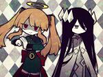  2girls angel argyle argyle_background belt black_hair bow capelet colored_skin commission crystal_hair_ornament dress etihw_(haiiro_teien) evil_grin evil_smile funamusea funamusea_(artist) gloves grey_eyes grin haiiro_teien hair_ornament halo light_brown_hair looking_at_viewer looking_to_the_side military_uniform multiple_girls official_art red_bow rigatona_(haiiro_teien) skeb_commission smile smug uniform white_background white_capelet white_dress white_gloves white_skin 