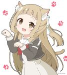  1girl :d animal_ears blush bow brown_eyes brown_hair cat_ears cat_girl cat_tail commentary_request dress grey_dress grey_jacket hair_bow hands_up jacket long_hair long_sleeves looking_at_viewer mitya nogi_sonoko open_clothes open_jacket paw_pose paw_print paw_print_background ponytail puffy_long_sleeves puffy_sleeves red_bow sailor_collar sailor_dress simple_background smile solo tail twitter_username very_long_hair washio_sumi_wa_yuusha_de_aru white_background white_bow white_sailor_collar yuusha_de_aru 