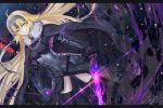  2018 ahoge armor armored_dress black_dress black_legwear blonde_hair chain cosplay dated dress dutch_angle eyebrows_visible_through_hair fate/grand_order fate_(series) floating_hair fur_trim gauntlets hair_between_eyes holding holding_sword holding_weapon jeanne_d'arc_(alter)_(fate) jeanne_d'arc_(fate)_(all) long_hair looking_at_viewer memekun signature smile solo standing sword thighhighs very_long_hair weapon yellow_eyes 