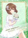  1girl 2023 absurdres blush bob_cut bouquet bow bracelet breasts brown_eyes brown_hair character_name closed_mouth daisy dated dress earrings floating_hair floral_background flower green_background hagiwara_yukiho hair_bow hair_ornament happy_birthday highres holding holding_bouquet holding_flower idolmaster idolmaster_million_live! idolmaster_million_live!_theater_days jewelry looking_at_viewer medium_breasts nail_polish ornate_border pendant ribbon see-through see-through_sleeves shiro_(ongrokm) short_hair short_sleeves sitting smile solo white_dress white_flower white_nails 