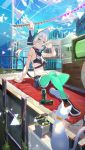  absurdres belt can candy cat food green_eyes green_legwear highres katsuan_(mikecat38) lollipop long_hair midriff navel original pennant short_shorts shorts silver_hair sitting solo 