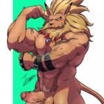  anthro balls biceps blush digimon ear_piercing erection feline humanoid_penis kemono leomon lion male mammal muscular muscular_male nude pecs penis piercing precum pubes solo tiggon_the_great uncut 