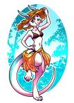 bigmoon206 bikini bovid breasts caprine clothing female hat headgear headwear hi_res horn looking_at_viewer mammal on_one_leg one_eye_closed open_mouth raised_leg scales small_breasts solo standing swimwear tail white_body white_scales wink