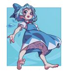  1girl :d barefoot bloomers blue_bow blue_dress blue_eyes blue_hair bow cirno collared_shirt dress hair_bow ice ice_wings neck_ribbon outstretched_arms pinafore_dress red_ribbon ribbon shirt short_hair sleeveless sleeveless_dress smile soemy touhou white_shirt wings 