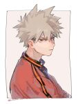  1boy bakugou_katsuki blonde_hair boku_no_hero_academia glaring highres jacket looking_at_viewer male_focus red_eyes red_jacket solo spiked_hair unou_(unou_mha) 