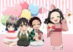  1girl 3boys absurdres agatsuma_zenitsu aged_down arm_up balloon barefoot black_hair blue_hair blush boar_mask brown_eyes cake checkered_clothes checkered_kimono child closed_eyes closed_mouth flower food forehead geta green_eyes hair_ribbon happy_birthday hashibira_inosuke hat highres holding holding_flower holding_jar japanese_clothes jar kamado_tanjirou kimetsu_no_yaiba kimono long_hair multicolored_hair multiple_boys open_mouth peanut pink_kimono pink_ribbon plate pori_(kmt_pori) ribbon sandals scar scar_on_face scar_on_forehead short_hair smile toes 