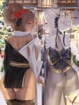  2girls absurdres architecture ass black_ribbon black_thighhighs blanc_(nikke) blanc_(white_rabbit)_(nikke) bodystocking breasts brown_hair christmas_tree dark-skinned_female dark_skin detached_collar east_asian_architecture flower frilled_kimono frills from_behind fur_collar gift goddess_of_victory:_nikke gold_nails hair_bun hair_flower hair_ornament hair_ribbon highres holding holding_hands holding_paddle japanese_clothes just_tume kimono large_breasts looking_at_viewer medium_breasts multicolored_clothes multicolored_kimono multiple_girls noir_(black_rabbit)_(nikke) noir_(nikke) obi off_shoulder official_alternate_costume paddle red_flower ribbon sash short_kimono siblings sideboob single_hair_bun sisters snow thighhighs white_hair yellow_eyes 