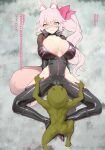  1boy 1girl absurdres animal_ear_fluff animal_ears arms_behind_back black_bodysuit bodysuit boots bow breasts cameltoe center_opening choker cleavage clenched_teeth clothed_female_nude_male colored_skin fate/grand_order fate_(series) fox_ears fox_girl fox_tail glasses goblin green_skin hair_between_eyes hair_bow hetero highres hip_vent knee_boots koyanskaya_(assassin)_(first_ascension)_(fate) koyanskaya_(fate) kunabishi large_breasts long_hair lying nude on_back pink_bow pink_hair ponytail sidelocks spread_legs tail tamamo_(fate) teeth translation_request yellow_eyes 
