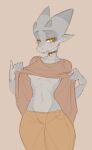 anthro belly bigmoon206 blush bottomwear breasts choker clothing female grey_body grey_scales half-closed_eyes jewelry kobold kuki narrowed_eyes necklace pants presenting scales small_breasts solo standing thick_thighs under_boob