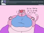 2018 4:3 5_fingers amber_(batspid2) anthro ask_blog batspid2 belly big_belly big_breasts biped black_eyebrows black_eyelashes black_nose blue_clothing blue_topwear blush blush_lines bottomwear breasts clothed clothed_anthro clothed_female clothing crop_top dialogue digital_drawing_(artwork) digital_media_(artwork) domestic_cat ear_piercing english_text eyebrows facial_tuft felid feline felis female fingers flat_colors flustered front_view fur glistening glistening_eyes glistening_nose gloves_(marking) hair huge_breasts huge_hips looking_at_viewer mammal markings midriff morbidly_obese morbidly_obese_anthro morbidly_obese_female multicolored_body multicolored_fur navel obese obese_anthro obese_female open_mouth overweight overweight_anthro overweight_female pants pawpads piercing pink_background pink_body pink_fur pink_hair pink_pawpads purple_bottomwear purple_clothing purple_eyes shirt short_hair simple_background solo sweatdrop_(iconography) tail tail_markings text topwear two_tone_body two_tone_fur white_body white_fur