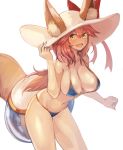  :d animal_ear_fluff animal_ears bikini blue_bikini breasts cleavage commentary ears_through_headwear fang fate/grand_order fate_(series) fox_ears fox_tail hair_between_eyes hair_ribbon hand_on_headwear hat highres innertube large_breasts long_hair looking_at_viewer navel open_mouth red_hair red_ribbon ribbon simple_background smile solo sookmo sun_hat swimsuit tail tamamo_(fate)_(all) tamamo_no_mae_(swimsuit_lancer)_(fate) white_background white_hat yellow_eyes 