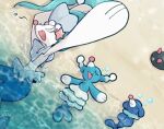  :3 animal_focus beach blue_skin brionne closed_eyes colored_eyelashes colored_skin commentary_request evolutionary_line lying no_humans on_back open_mouth pokemon pokemon_(creature) popplio primarina pyukumuku sand sea_lion snout sstoh water white_skin 