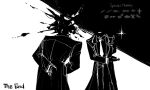  2others coat collared_shirt dancing dante_(limbus_company) dual_persona facing_viewer fire gloves greyscale headless highres limbus_company long_sleeves maskv monochrome multiple_others open_mouth project_moon shirt simple_background smile waltz_(dance) wing_collar 