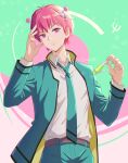  1boy aqua_necktie aqua_pants aqua_shirt artist_name belt frown green_background hair_ornament hand_up highres male_focus necktie pants pink_background pink_hair purple_eyes saiki_kusuo saiki_kusuo_no_psi_nan shirt short_hair solo standing tsubasa_(magicqiqi) unworn_eyewear white_shirt 