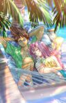  1boy 1girl akira_ituki arms_behind_head bare_arms blue-tinted_eyewear blue_shorts blurry blurry_foreground brown_hair closed_eyes collarbone crop_top dress_shirt green_shirt grey_shorts hammock highres long_hair macross macross_7 mylene_jenius nekki_basara open_clothes open_shirt outdoors palm_tree pillow pink_hair pointy_ears round_eyewear shirt short_hair short_sleeves shorts sleeping spiked_hair straight_hair summer tinted_eyewear tree 