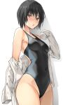  1girl amagami black_hair black_one-piece_swimsuit bob_cut brown_eyes collared_shirt commentary_request competition_swimsuit covered_navel cowboy_shot dress_shirt highres nanasaki_ai one-piece_swimsuit serizawa_(serizawaroom) shirt short_hair simple_background sleeves_past_fingers sleeves_past_wrists solo standing swimsuit two-tone_swimsuit white_background white_shirt 
