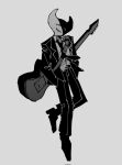  1boy floating full_body greyscale grin guitar hands_in_pockets highres hylics hylics_2 instrument jacket looking_at_viewer maskv monochrome necktie pants shoes smile solo wayne_(hylics) 