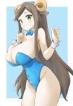  1girl absurdres animal_ear_hairband blue_background blue_bow blue_bowtie bow bowtie breasts brown_hair cleavage closed_mouth covered_navel finger_to_mouth green_eyes headband highres horns ikigai josui_(senran_kagura) large_breasts long_hair looking_at_viewer playboy_bunny senran_kagura sheep_horns sideboob simple_background wrist_cuffs 