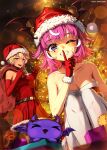  2girls absurdres armpit_crease bag bare_arms bare_shoulders belt black_belt blonde_hair blunt_bangs blurry blurry_foreground bokeh bow bowtie box breasts brown_background camila_(vtuber) candy candy_cane christmas christmas_ornaments christmas_tree cleavage collarbone commentary commission creature depth_of_field diamond_(shape) dress elbow_gloves english_commentary facial_tattoo feet_out_of_frame finger_to_mouth food fur-trimmed_gloves fur-trimmed_headwear fur_trim gift gift_bag gift_box gloves hat head_wings heart heart_in_eye highres holding holding_bag index_finger_raised indie_virtual_youtuber knees_up knightfang koko_d._nuts legs looking_at_viewer medium_breasts medium_hair messy_hair multicolored_hair multiple_girls one_eye_closed over_shoulder parted_lips pink_hair pointy_ears pom_pom_(clothes) purple_eyes red_bow red_bowtie red_dress red_gloves red_headwear santa_dress santa_hat sitting smile standing streaked_hair striped striped_bow striped_bowtie symbol_in_eye tattoo teeth twitter_username two-tone_hair v virtual_youtuber watermark white_hair wings yellow_eyes 