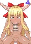  1girl alternate_skin_color bar_censor blonde_hair blue_bow blunt_bangs bow breasts censored commentary_request completely_nude dark_skin eyelashes fellatio hair_bow hands_on_own_knees highres horn_bow horn_ornament horns ibuki_suika lips long_hair low-tied_long_hair nipples nostrils nude oral penis precum pussy red_bow rolling_eyes shiny_skin shiraue_yuu sidelocks small_breasts squatting sweat tongue tongue_out touhou veins veiny_penis white_background yellow_eyes 