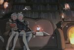  1boy 1girl ahoge alisaie_leveilleur alphinaud_leveilleur armor blanket blue_shirt book book_on_lap book_stack bookshelf boots brother_and_sister bug candle closed_eyes commentary couch crossed_arms crystal earrings elezen elf english_commentary feet_out_of_frame final_fantasy final_fantasy_xiv fire fireplace fringe_trim from_below fur-trimmed_shrug fur_trim hair_over_one_eye hair_ribbon heads_together highres holding holding_book indoors jewelry lamp lliusn long_sleeves moth on_couch open_book parted_lips pauldrons pointy_ears ribbon shirt shoulder_armor shrug_(clothing) siblings single_earring single_pauldron sitting sleeping thigh_boots twins white_footwear white_hair 