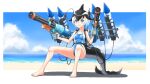  1girl animal_ears beach black_hair blonde_hair blowhole blue_eyes blue_hair blue_one-piece_swimsuit blush breasts cetacean_tail common_dolphin_(kemono_friends) dolphin_girl dorsal_fin finger_on_trigger fins fish_tail gatling_gun highres holding holding_water_gun kemono_friends looking_at_viewer medium_breasts missile_pod multicolored_hair naka_(nicovideo14185763) ocean one-piece_swimsuit short_hair smile solo swimsuit tail tripod water_gun white_hair 