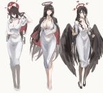  1girl alternate_costume black_choker black_hair black_wings blue_archive blunt_bangs breasts cellphone choker cleavage dongtan_dress dress feathered_wings grey_dress hair_ornament hairclip halo haowei_wu hasumi_(blue_archive) highres holding holding_phone holding_tablet_pc huge_breasts kokuriko_(blue_archive) large_breasts long_hair looking_at_viewer meme_attire mole opera_glasses phone red_eyes red_halo rio_(blue_archive) smartphone solo tablet_pc very_long_hair white_dress wings 