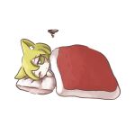  1girl animal_ear_fluff animal_ears blanket blonde_hair blush chibi closed_mouth fox_ears highres looking_at_viewer lying one_eye_closed pillow simple_background solo squiggle touhou under_covers white_background yakumo_ran yakumora_n yellow_eyes 