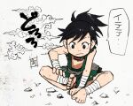  1girl ankle_wrap barefoot black_eyes black_hair child closed_mouth dororo_(character) dororo_(tezuka) feet japanese_clothes jewelry kugimiya_narusuke necklace rock sash sitting sleeveless solo torn_clothes white_background wrist_wrap 