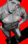  1boy bare_pectorals breast_cutout buzz_cut closed_mouth fukatsu_kazunari full_body greyscale greyscale_with_colored_background hands_on_own_hips highres looking_at_viewer mac_3070 male_focus monochrome nipples open_clothes open_shirt pants partially_unbuttoned pectorals perspective puffy_nipples red_background short_hair slam_dunk_(series) solo veins very_short_hair 