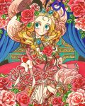  1girl blonde_hair blue_gemstone bow bracelet cowboy_shot curtains dress earrings flower frilled_sleeves frills gem green_eyes hand_fan highres holding holding_fan jewelry layered_sleeves long_hair long_sleeves looking_at_viewer marie_antoinette_(versailles_no_bara) marker_(medium) meremero pink_dress pink_flower pink_rose princess red_flower red_gemstone red_rose rose smile solo standing traditional_media versailles_no_bara white_bow 