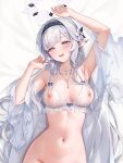  1girl :d arm_up armpits black_hairband blue_archive blunt_bangs blush bottomless bra breasts dakimakura_(medium) earrings flower frilled_bra frills grey_hair groin hair_flower hair_ornament hairband halo highres himari_(blue_archive) houkisei jewelry long_hair looking_at_viewer lying medium_breasts mole mole_under_eye necklace nipples on_back on_bed open_mouth pointy_ears purple_eyes smile solo sweat underwear upper_body very_long_hair white_bra white_flower 