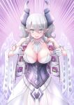  1girl armored_corset breasts card cleavage demon_girl demon_horns demon_wings dress duel_monster emphasis_lines grey_eyes grey_hair highres horns large_breasts looking_at_viewer lovely_labrynth_of_the_silver_castle open_clothes open_vest pointy_ears rizuriri smile solo standing trading_card trap_hole twintails vest white_dress wings yu-gi-oh! 
